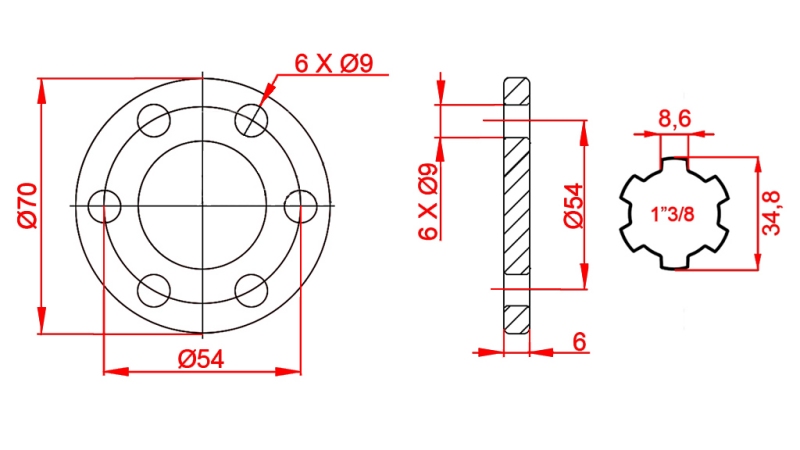 KARDANSKI ADAPTER S PRIRUBNICOM 6 RUPA 1-3/8 (90 mm)