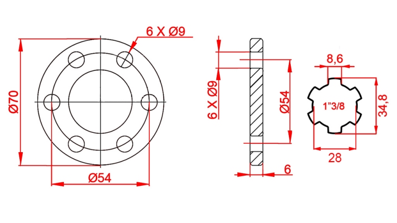 KARDANSKI ADAPTER S PRIRUBNICOM 6 RUPA 1-3/8 (90 mm)