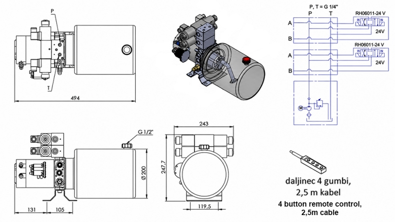 MINI HIDRAULIČNI AGREGAT 24V DC - 2,2kW = 2,1cc - 8 lit - 2x dvosmjerni sklop (kovinski)