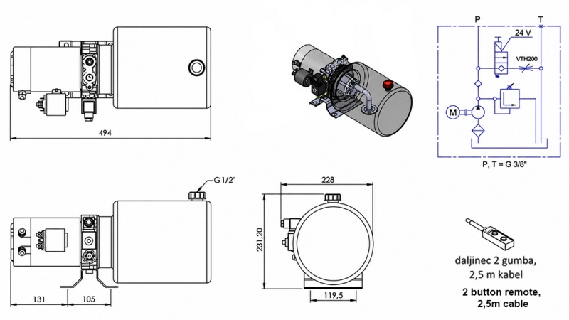 MINI HIDRAULIČNI AGREGAT 24V DC - 2,2kW = 2,1cc - 8 lit - jednosmjerni sklop (kovinski)