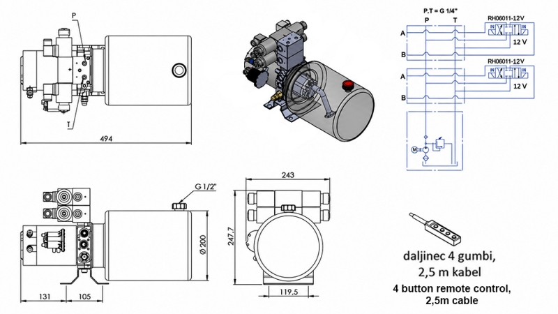 MINI HIDRAULIČNI AGREGAT 12V DC - 1,6kW = 2,1cc - 8 lit - 2x dvosmjerni sklop (kovinski)