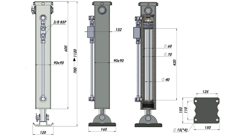 DVOSMJERNA HIDRAULIČNA POTPORNA NOGA (90x90x700 mm) - HOD 420 mm - 2.500 kg