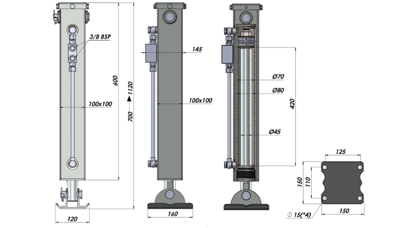 DVOSMJERNA HIDRAULIČNA POTPORNA NOGA (100x100x700 mm) - HOD 420 mm - 5.000 kg
