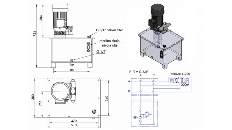 MINI HIDRAULIČNI AGREGAT 380V AC (4 kW) - 8 cc - 12 lit/min - tank 40 lit