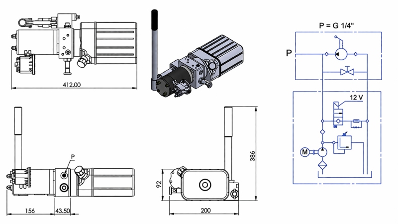 MINI HIDRAULIČNI AGREGAT 12V DC - 0,8kW = 0,5cc - 1,5 lit - JEDNOSMJERNI SKLOP SA RUČNOM PUMPOM (PVC)