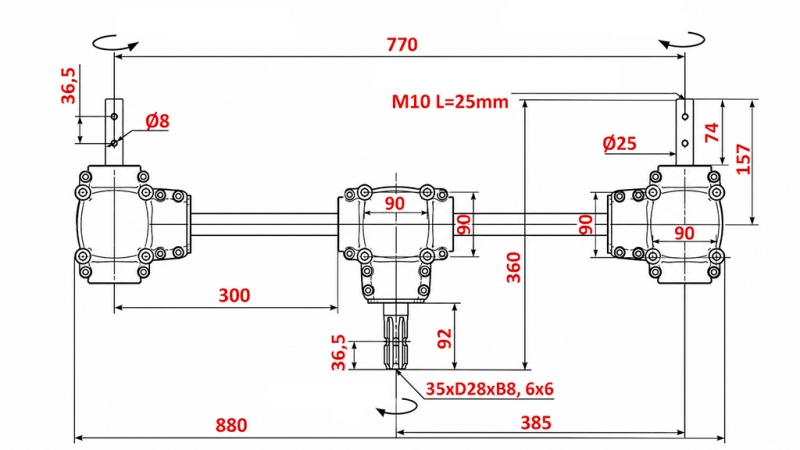 KOMPLET REDUKTORA 1:1,35 (22HP-16kW) ZA RASIPAČ STAJSKOG GNOJA L:770 - ALU