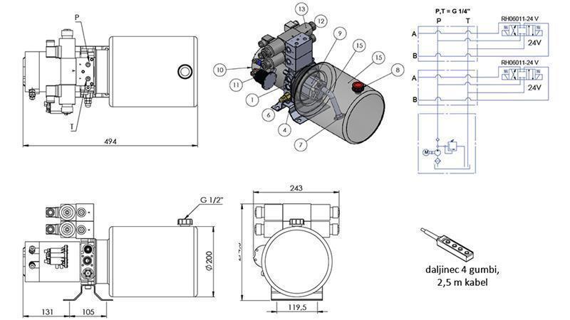 MINI HIDRAULIČKI AGREGAT 24V DC - 2.2kW = 2.1cc - 8 lit - 2x dvostrana montaža (metal)
