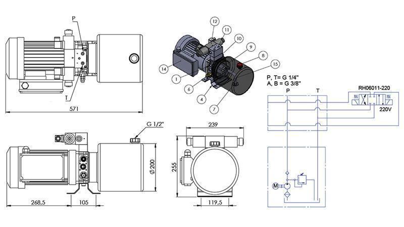 MINI HIDRAULIČKI AGREGAT 230V AC (1.5 kW) - 5.8 cc - 8.2 lit/min - rezervoar 6 lit