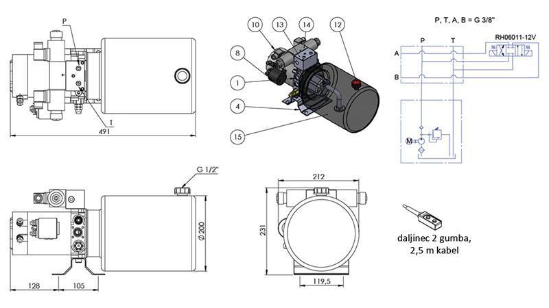 MINI HIDRAULIČKI AGREGAT 12V DC - 1.6kW = 2.1cc - 8 lit - dvostrana montaža (metal)