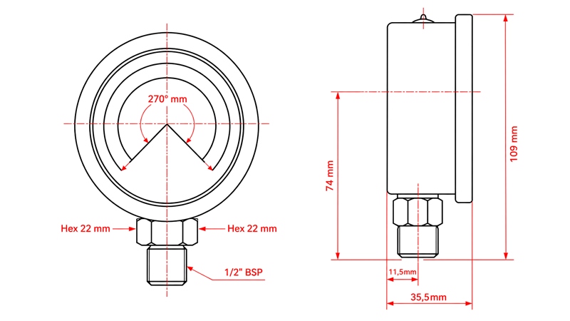MANOMETAR DN100 VERTICAL 0 - 100 BAR - 1/2