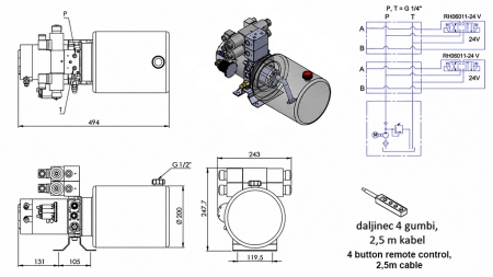 MINI HIDRAULIČNI AGREGAT 24V DC - 2,2kW = 2,1cc - 8 lit - 2x dvosmjerni sklop (kovinski)