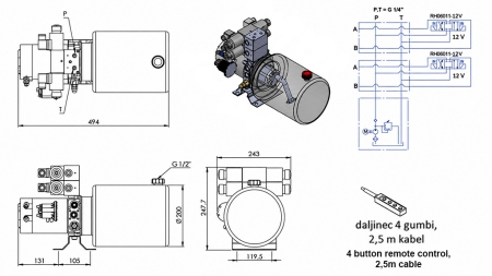MINI HIDRAULIČNI AGREGAT 12V DC - 1,6kW = 2,1cc - 8 lit - 2x dvosmjerni sklop (kovinski)