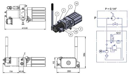 MINI HIDRAULIČKI AGREGAT 12V DC - 0.8kW = 0.5cc - 1.5 lit - jednofazna jedinica (PVC) s ručnom pumpom