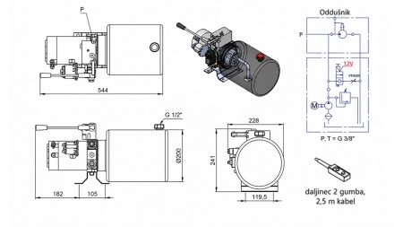 MINI HIDRAULIČNI AGREGAT 12V DC - 1,6kW = 2,1cc - 8 lit - JEDNOSMJERNI SKLOP SA RUČNOM PUMPOM