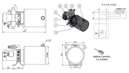 MINI HIDRAULIČKI AGREGAT 12V DC - 1.6kW = 2.1cc - 8 lit - dvostrana montaža (metal)