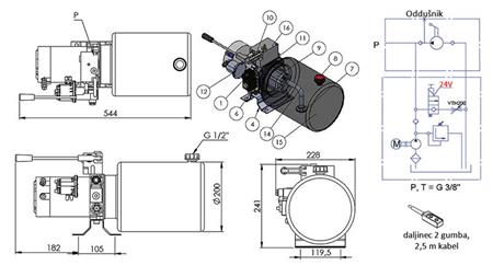 MINI HIDRAULIČKI AGREGAT 24V DC - 2.2kW = 2.1cc - 8 lit - jednosmjerna montaža S RUČNOM PUMPOM