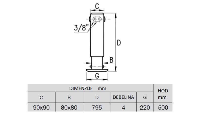HIDRAULIČNA NOGA DVOJNA 2.9 TONE 400mm - dimenzije