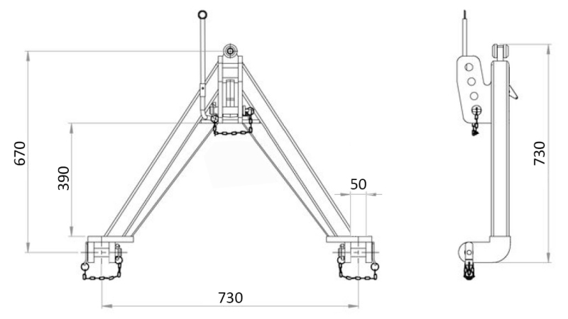 PREDNJI TROKUT ZA PREDNJU TRAKTORSKU HIDRAULIKU CAT. 1 - 730 MM - 1200 KG