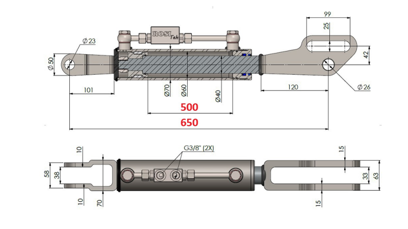 BRACCIO A 3 PUNTI DI SOLLEVAMENTO DA 2 TONNELLATE FORK 60/40-150 (500mm-650mm)