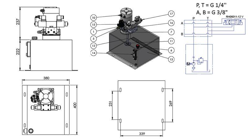 MINI HYDRAULISK AGGREGAT 12V DC - 1.6kW = 2.1cc - 25 lit - dobbel retning montering (metall)