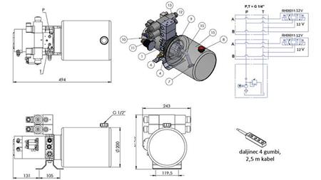 MINI AGGREGATO IDRAULICO 12V DC - 1.6kW = 2.1cc - 8 lit - assemblaggio bidirezionale 2x (metallo)